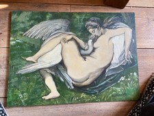 Léda Et Le Cygne , Huile Sur Panneau De Bois  Année 50/60 ?