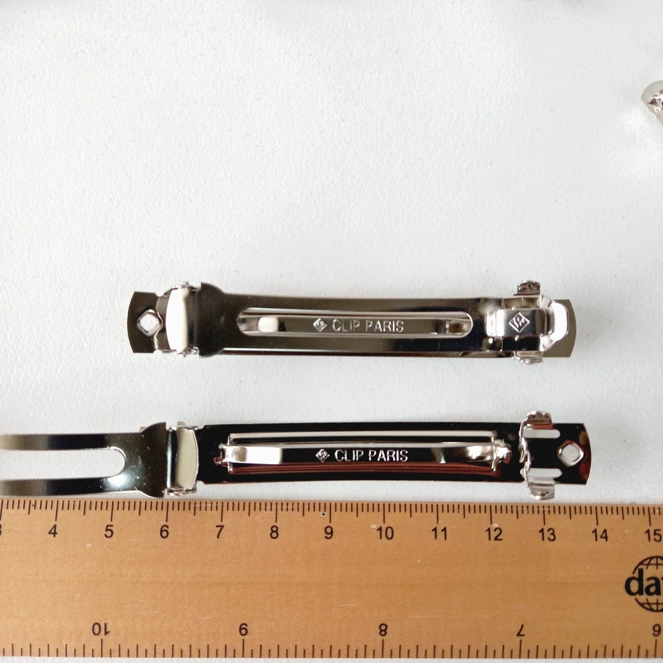 Silver SS 80mm HAIR BARRETTE 'Clip Paris' auto spring blank w/prongs lot x 10 - image 4 of 4
