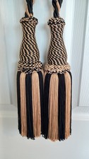 2 Large Heavy Twisted Rope Drapery Curtain Tie Backs Large Tassels Black  Gold
