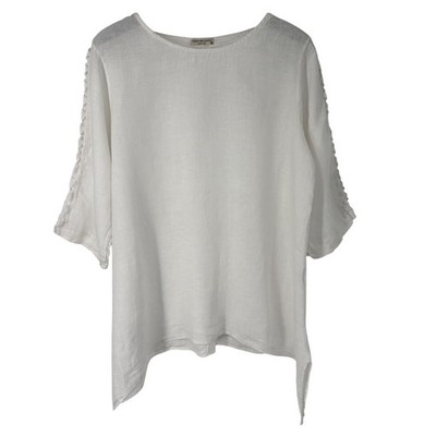 Terzo Millennio White Linen Crochet Sleeve Sharkbite Tunic Top 2X Coastal Italy