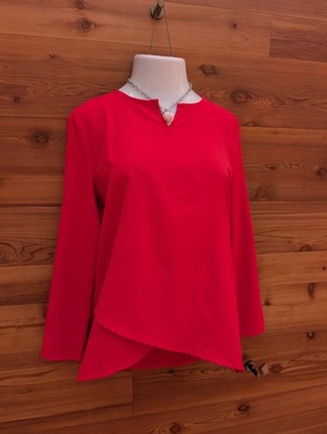 Coolibar Santa Barbara Tunic Top Orange - Red UPF 50 Roll Tab V-Neck Long Sleeve