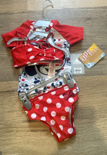 Minnie Mouse Disney Bathing Suit 3 Piece Red Bows UPF 50 NWT Polka Dots Size 2