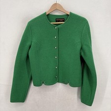 Geiger Tyrol Jacket Womens 44 Green Pure New Wool Short Collarless Button Up VTG