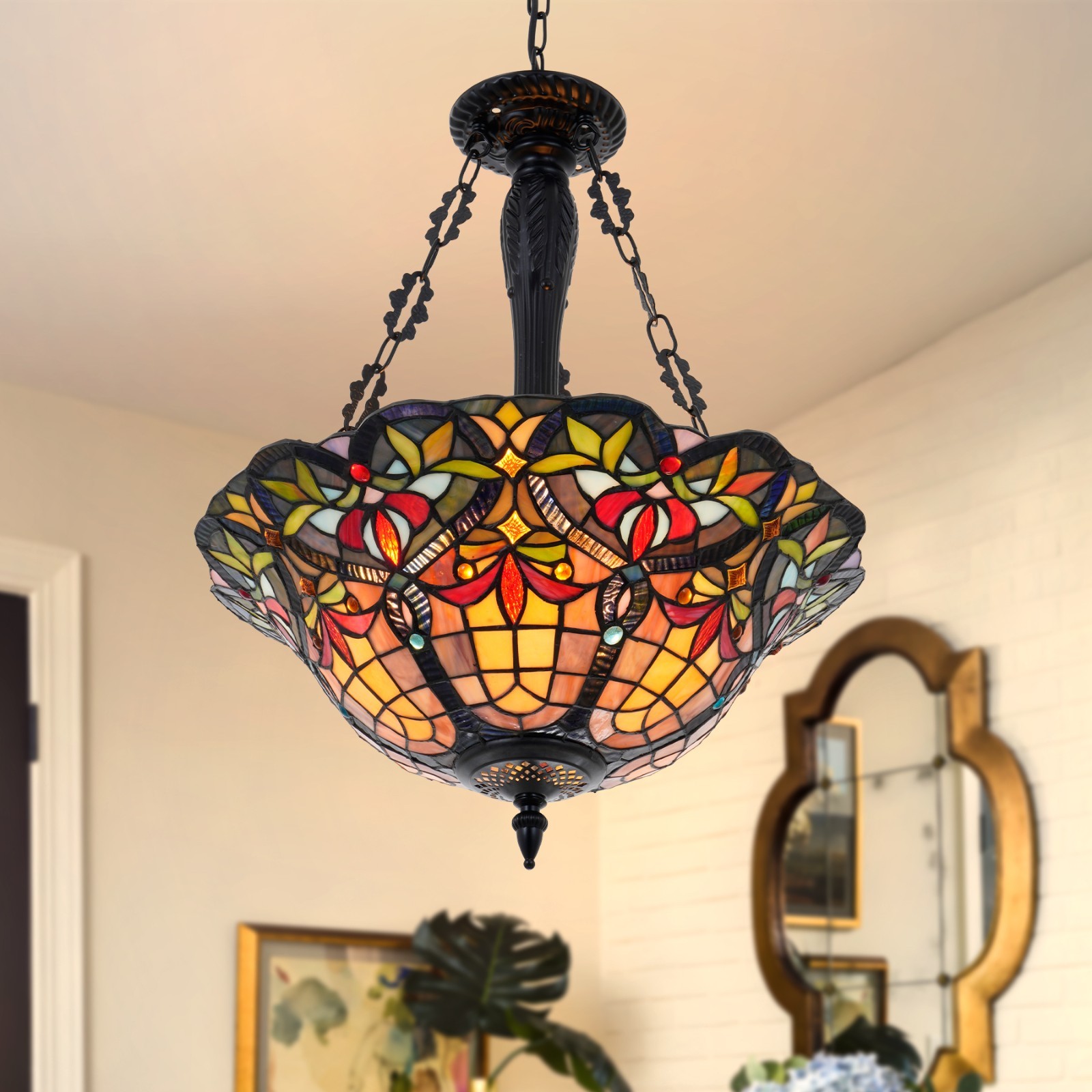 Tiffany Chandelier, Stained Glass Tiffany Pendant Light Fixture 3-Lights 18 Inch