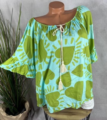 BREEZY summer BLOUSE Carmen tunic top HEART Italy tassels M3 40 42 44