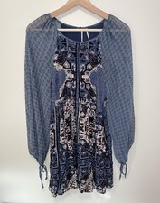 FREE PEOPLE Oksana Blue Peasant Boho Short Dress Fit & Flare Sz 4 Mixed Fabric