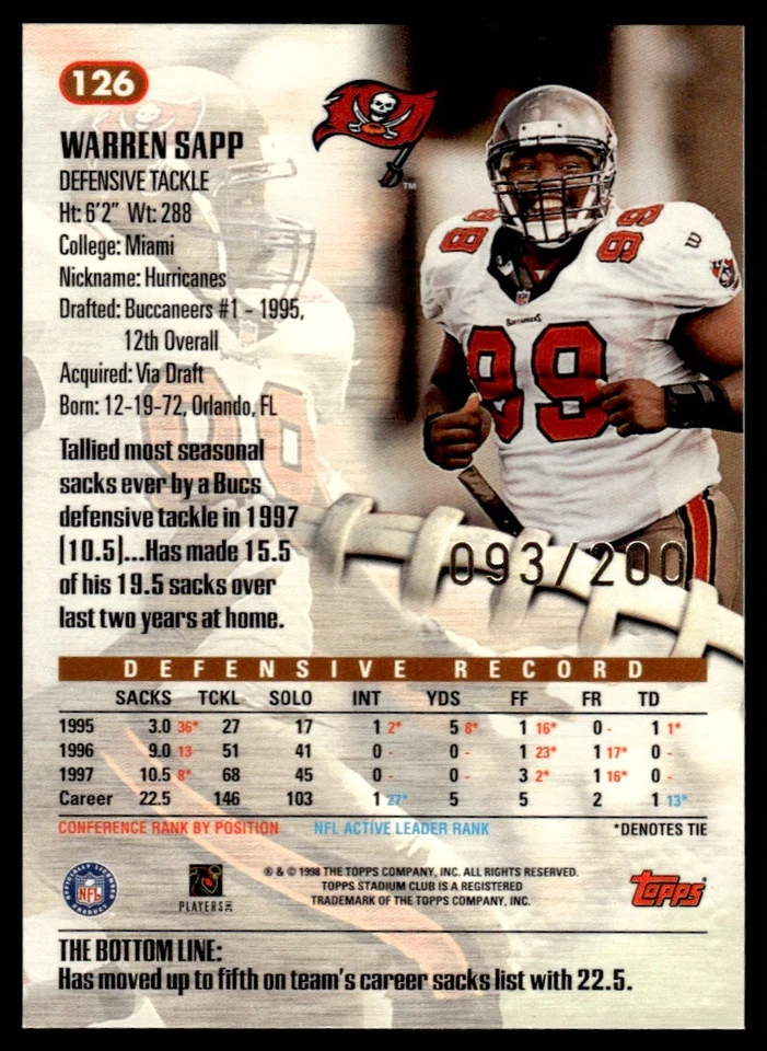1998 Stadium Club First Day Issue Warren Sapp /200 Buccaneers #126 *Noles2148* - Image 2 of 2