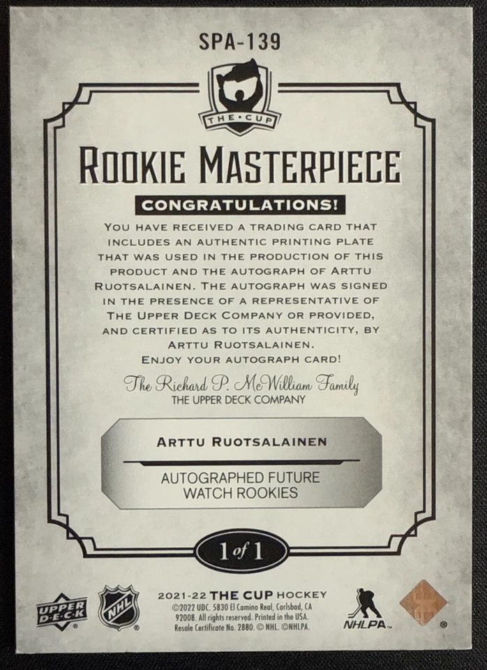 2021-22 UD The Cup Magenta Printing Plate RC Arttu Ruotsalainen 1 /1 Sabres - Image 2 of 2