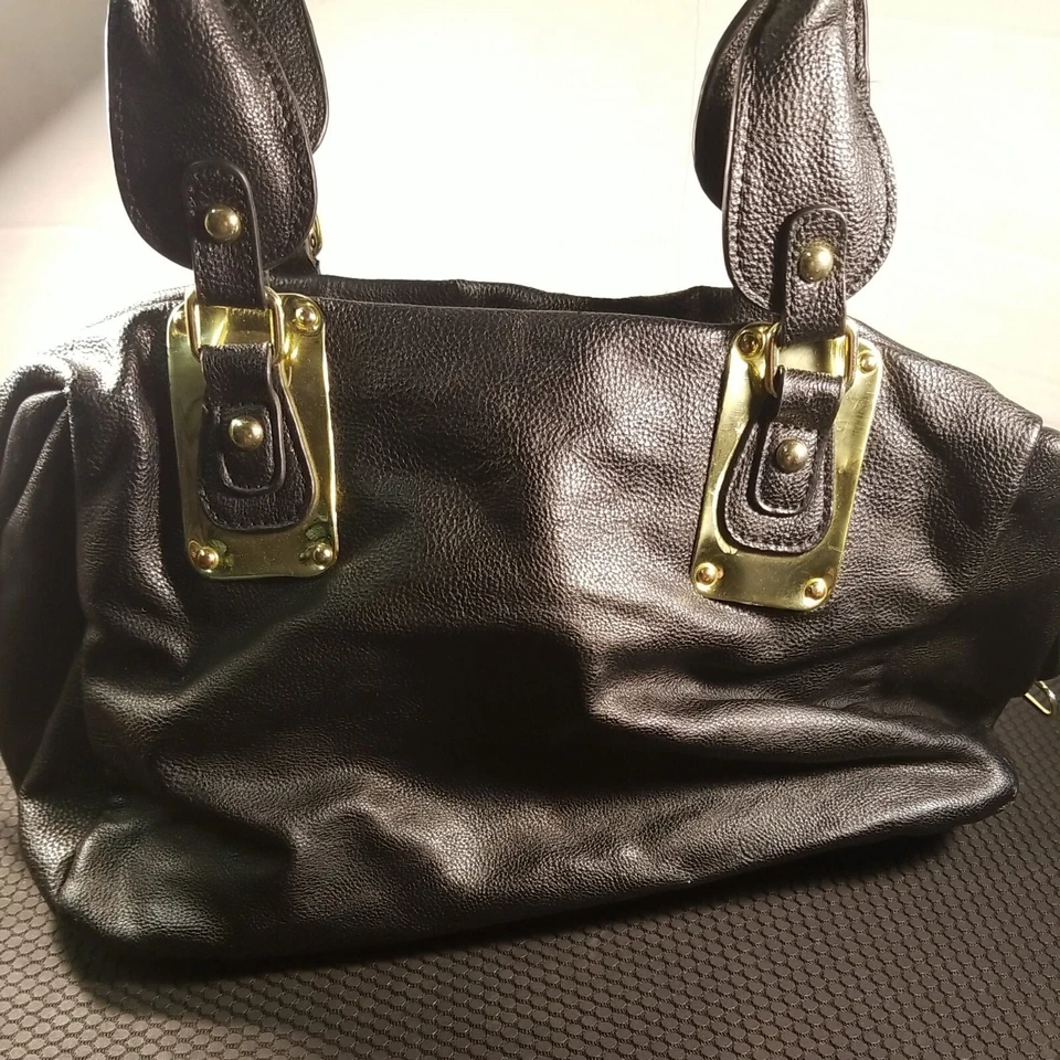 Auténtico Bolso de Mano STEVE MADDEN Cuero Negro Borde Dorado Forrado Satinado Foto 4 de 4