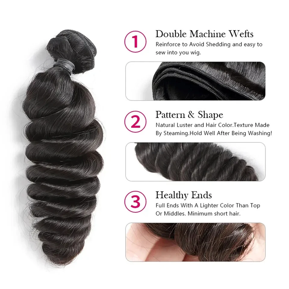 Loose Wave Double Weft 1 3 5 Human Hair Hair Curly 100% Human Hair Weave Bundle - Image 3 of 4