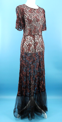 VTG Women's 30s Brown Floral Lace Maxi Dress W/ Tulle Trim Skirt Sz S/M  1930s | eBay
