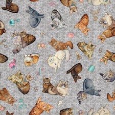 Feline Drive Fabric QUILT ROOM KITTIES Cat Toss Gray - Sold by the Yard