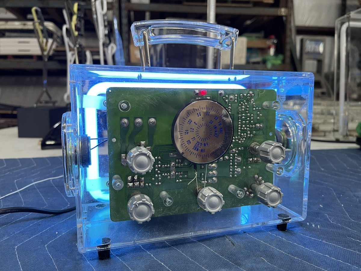 Vintage Blue Neon Radio Box Lunchbox Stereo Radio AM-FM Model 8801