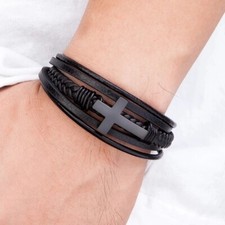 Stainless Steel Cross Leather Braided Protection Men Bangle 8IN Bracelet Gift