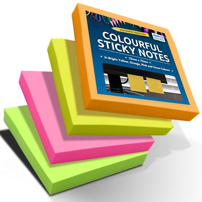 400-4800 Neon Coloured Sticky Notes 76x76mm Remove It Super Sticky Post ...