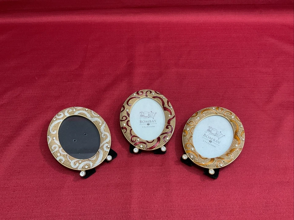 Set of 3 BOMBAY 2.5" x 3.5" Enamel & Rhinestones Oval Photo Frames Box Beautiful - Image 2 of 4