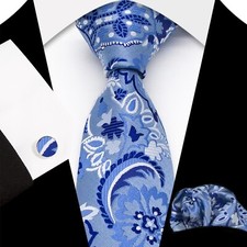 Classic Paisley Blue White Jacquard Silk Men's Tie Necktie Hanky Cufflink Set