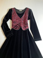 Whimsigoth Renaissance P M-L Long Black Velvet Dress with Burgundy Corset Gothic