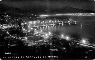 Acapulco Bay Night View RPPC Vintage Postcard 1950s Mexico Water Skiing