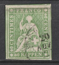 SUISSE ! Timbre ancien de 1854 papier Epais fil de soie vert  n°30 vert