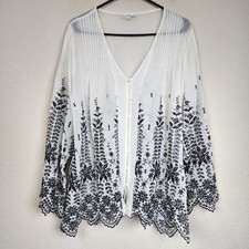 Johnny Was Silk Embroidered Long Sleeve Sheer Boho Blouse