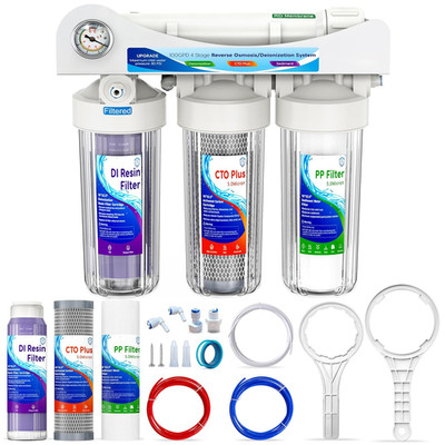 4 Stage Reverse Osmosis Deionization Water Fliter System, with Pressure Gauge an