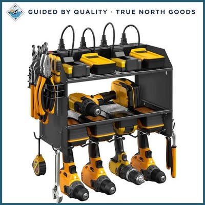 Wall Mount Power Tool Organizer with Charging Station and 8 Outlet Power Strip
