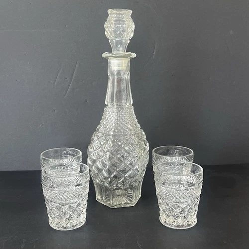 Vintage Anchor Hocking Wexford Decanter Set Of 4 Whiskey Glassware