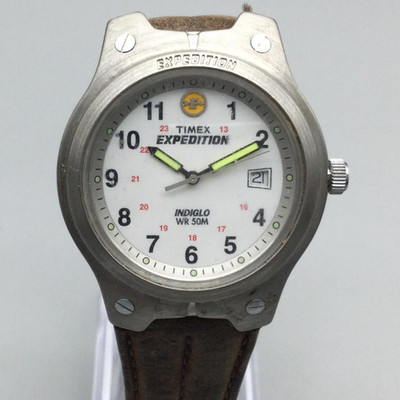 Timex Expedition Indiglo Mens Watch 37mm Silver Tone Date Leather New Battery