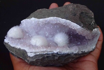 MARVELOUS MESOLITE BLOW FLOWERS ON LITE AMETHYST MATRIX SEMI GEODE BASE # 0637*A