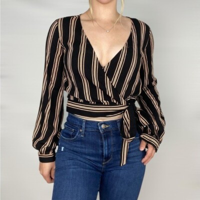 LINE + DOT Stripe Top Long Sleeve Wrap Tie V Neck Casual Crop