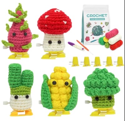 5-Pack Puff Vegetable Crochet Kit Beginner DIY Yarn Craft Set w/ Video Tutorial