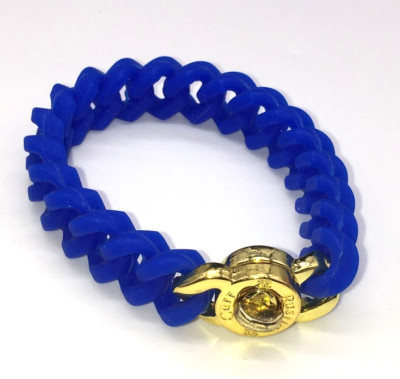 Rustic Cuff Gold Tone Logo Turn Lock Royal Blue Silicone Stretch Chain Bracelet