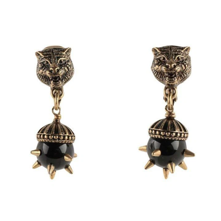 Boucles d'oreilles à clipser GUCCI tête de chat vieillissement or noir inutilisé accessoires femmes