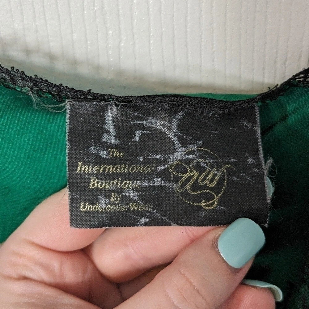 UNDERCOVER Abito slip vintage anni 80 sottocoperta verde intenso pizzo floreale raso taglia M