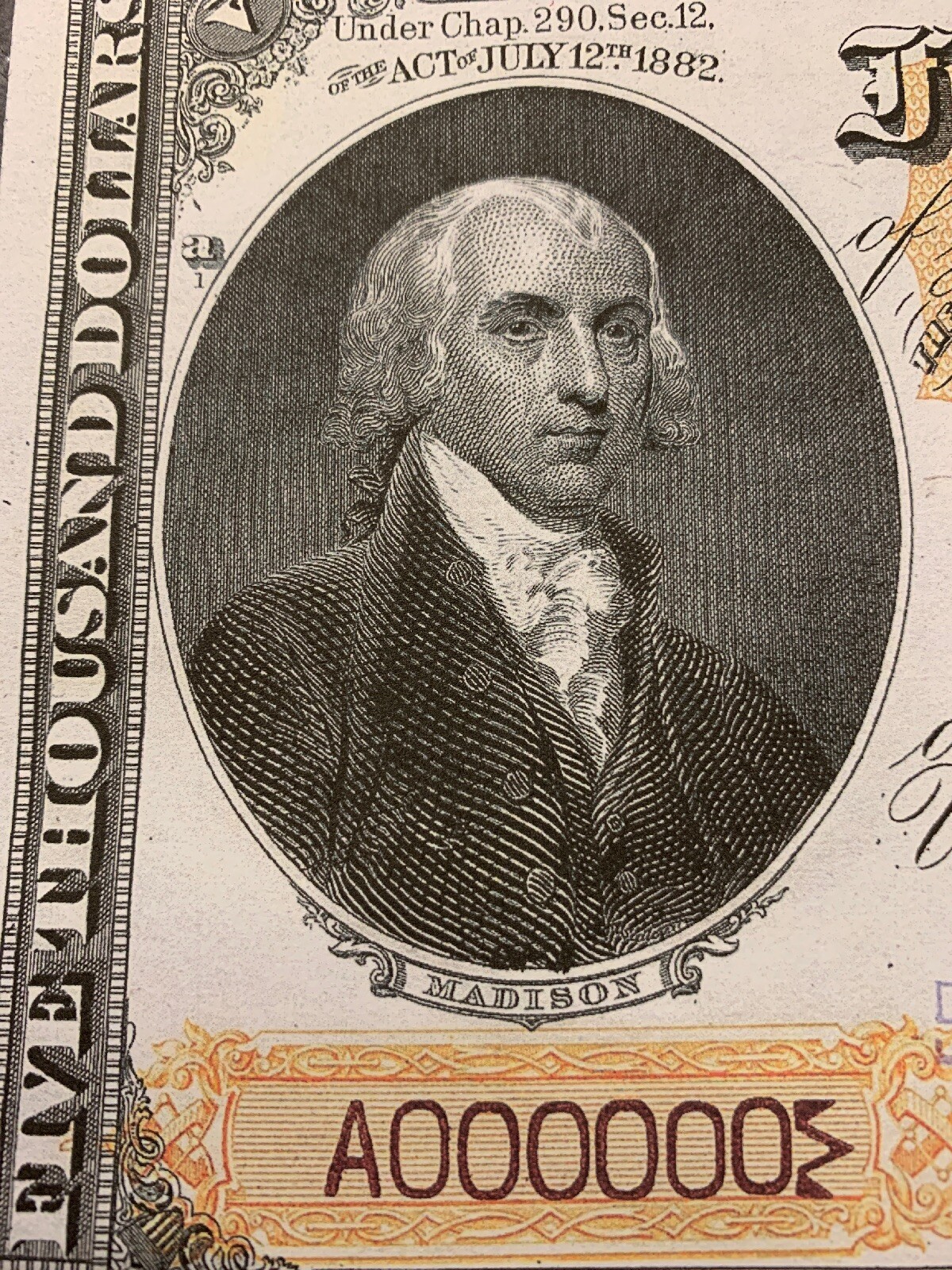 Reproduction 1882 Specimen Gold Certificates 5000 & 10,000 Bills USA