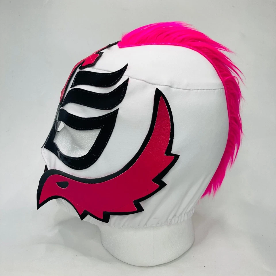 Máscara de lucha libre Mysterio hecha a mano para niños imitación cabello mohawk colores blanco y rosa Foto 3 de 4