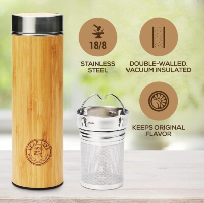 Leaf Life Premium 22 oz Bamboo Tumbler Thermos with Tea Infuser/ Strainer, NEW