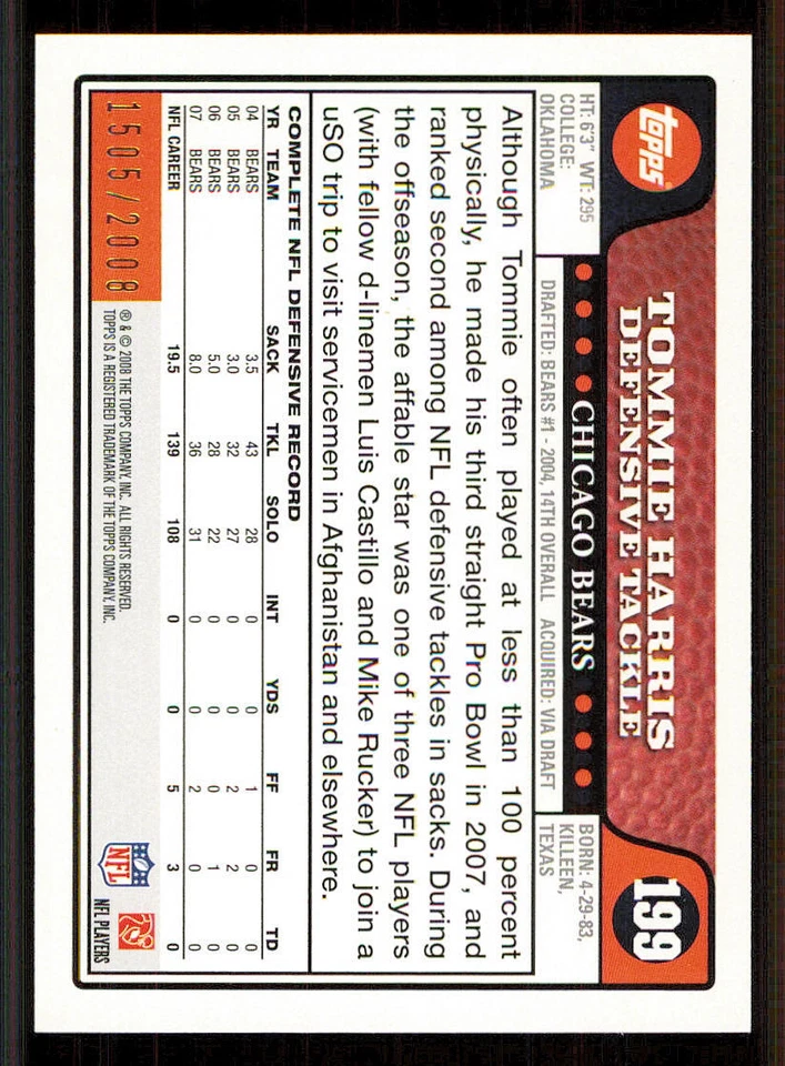 2008 Topps Gold Border #199 Tommie Harris /2008 - Image 2 of 2