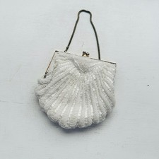 Vintage White Beaded Shell Evening Bag Kiss Lock Bridal Clutch Hong Kong