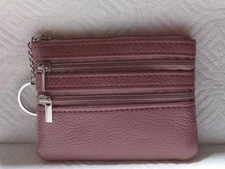 PU Leather Coin Change Purse Wallet With Keychain 3 Zipper Pink 