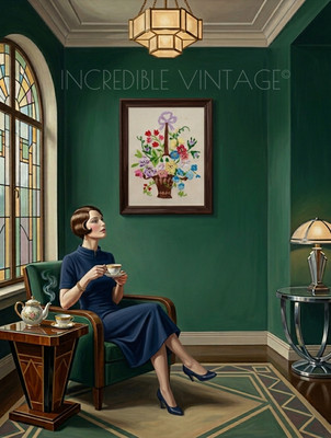 Antiker Stickerei Blumenkorb bezaubernd Vintage 30er Jahre Art Deco handgenäht Panel