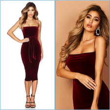 Nookie Velvet Dress Vamp Midi Wine Merlot Size Small Stretch Midi Waist Tie