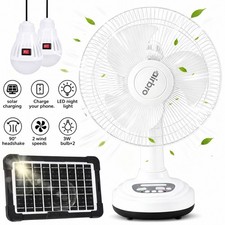 Solar Camping Fans with Solar Panel Rechargeable Tent Fan w/ LED Light 2 bulbs