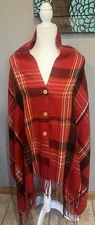 Womens Top It Off RED Plaid Cape Poncho One Size Fringe Wood Buttons Shawl