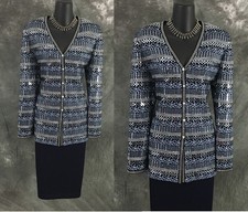 BEAUTIFUL St John evening knit blue multi rhinestones embellished skirt suit 10