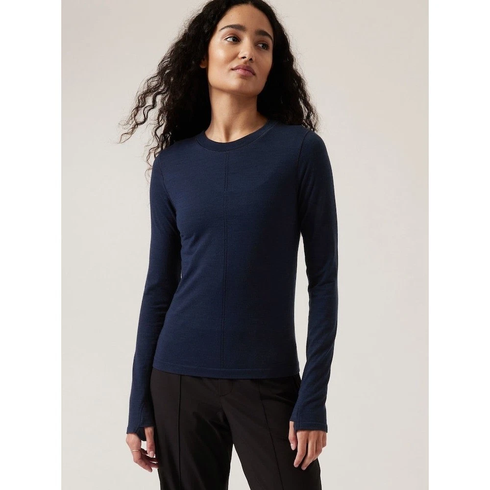 Athleta Ascent Seamless Top Navy Blue Wool Blend Long Sleeve Thumbholes Small