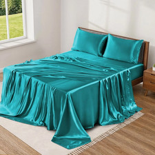 Luxury Satin Sheets King Size - 4 Piece Cool, Silky Smooth, Deep Pockets, Blue 