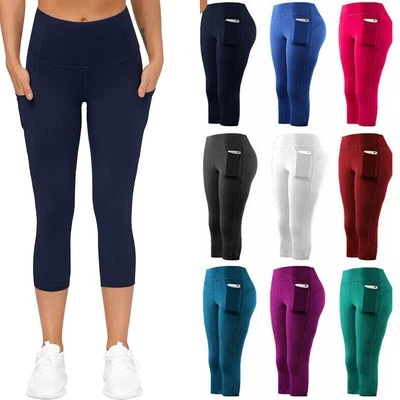 Womens Crop Leggings Plain 3/4 Length Gym Workout Yoga Active Ladies Capri Pants