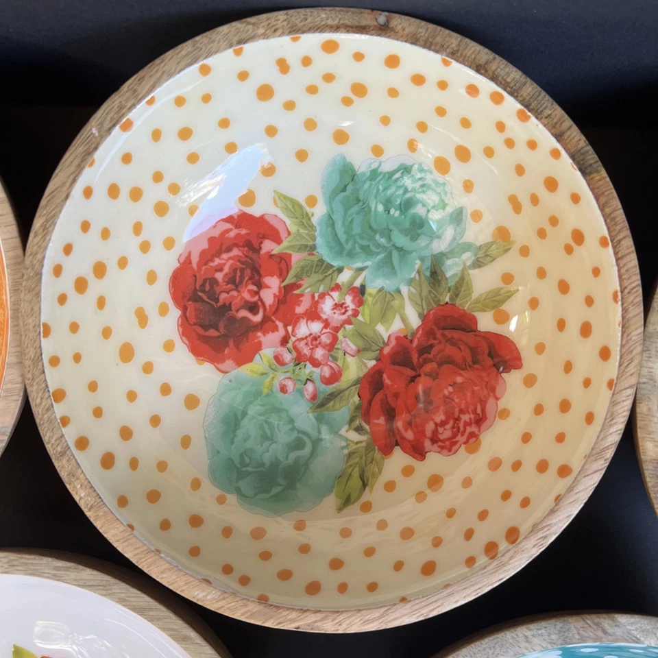 The Pioneer Woman Mango Wood Floral Salad Bowls 7" India 2019 Set Of 5 RETIRED - Image 4 of 4